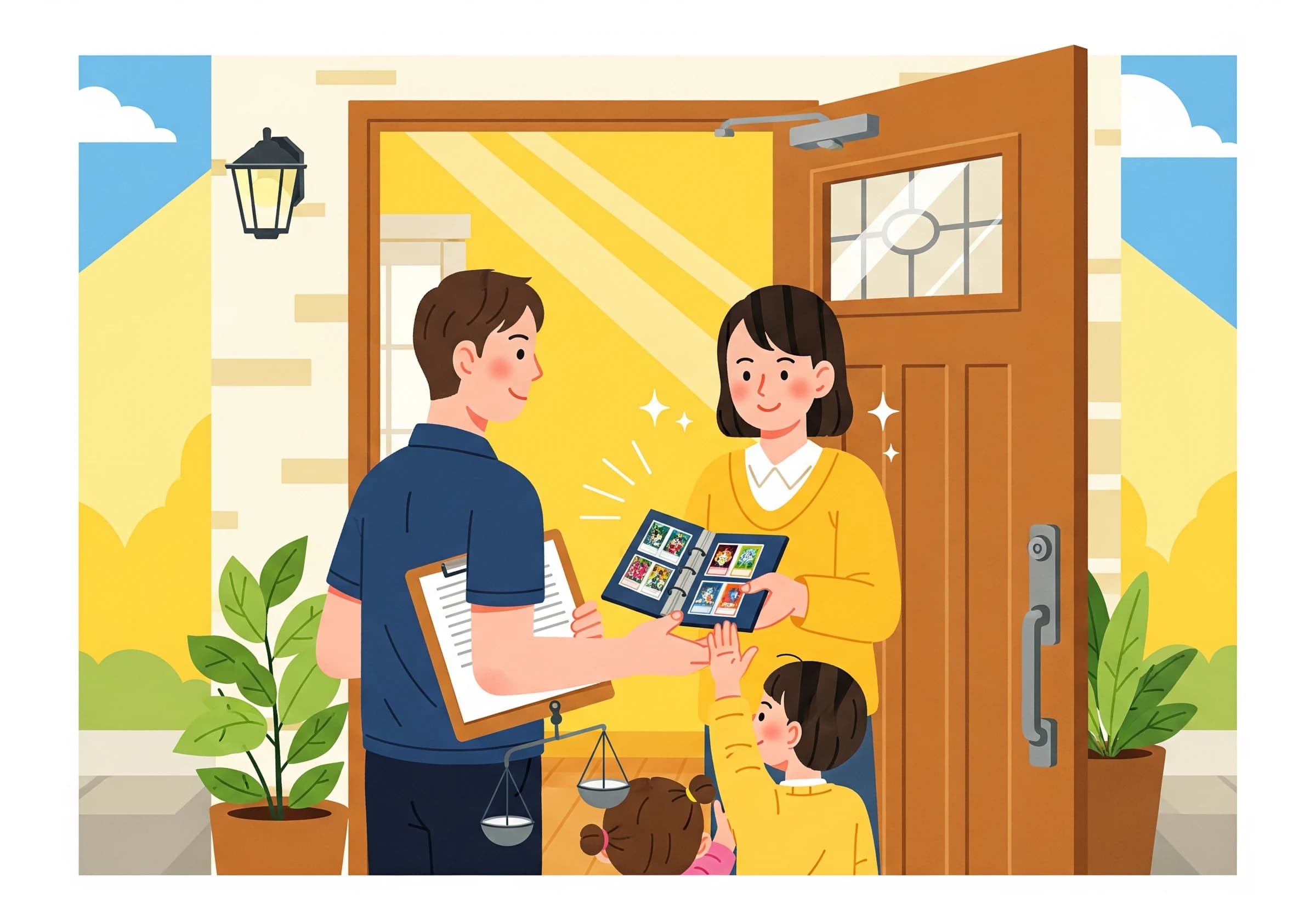 お家の玄関先で査定するシーンのイラスト